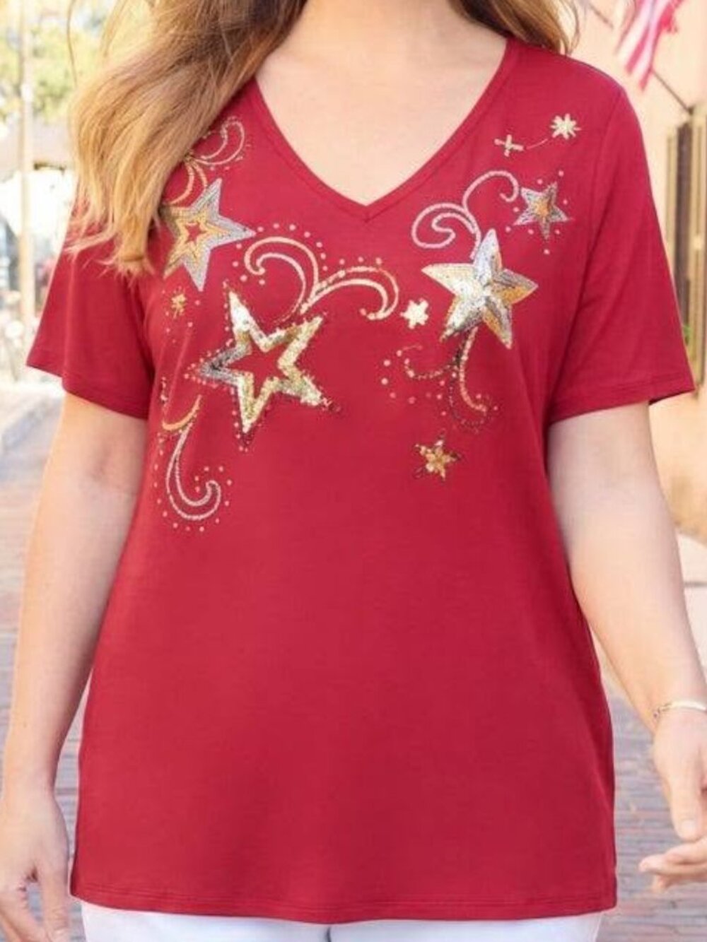 Catherines Red V-Neck Slub Knit Tee /W Sequined Stars/Swirls -NWT- 5X